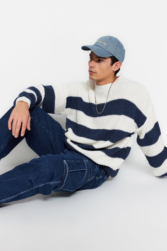 indigo - Camel Casual Oversize Fit Wide Pattern Crew Neck Striped Knitwear Sweater TMNAW23KZ00106