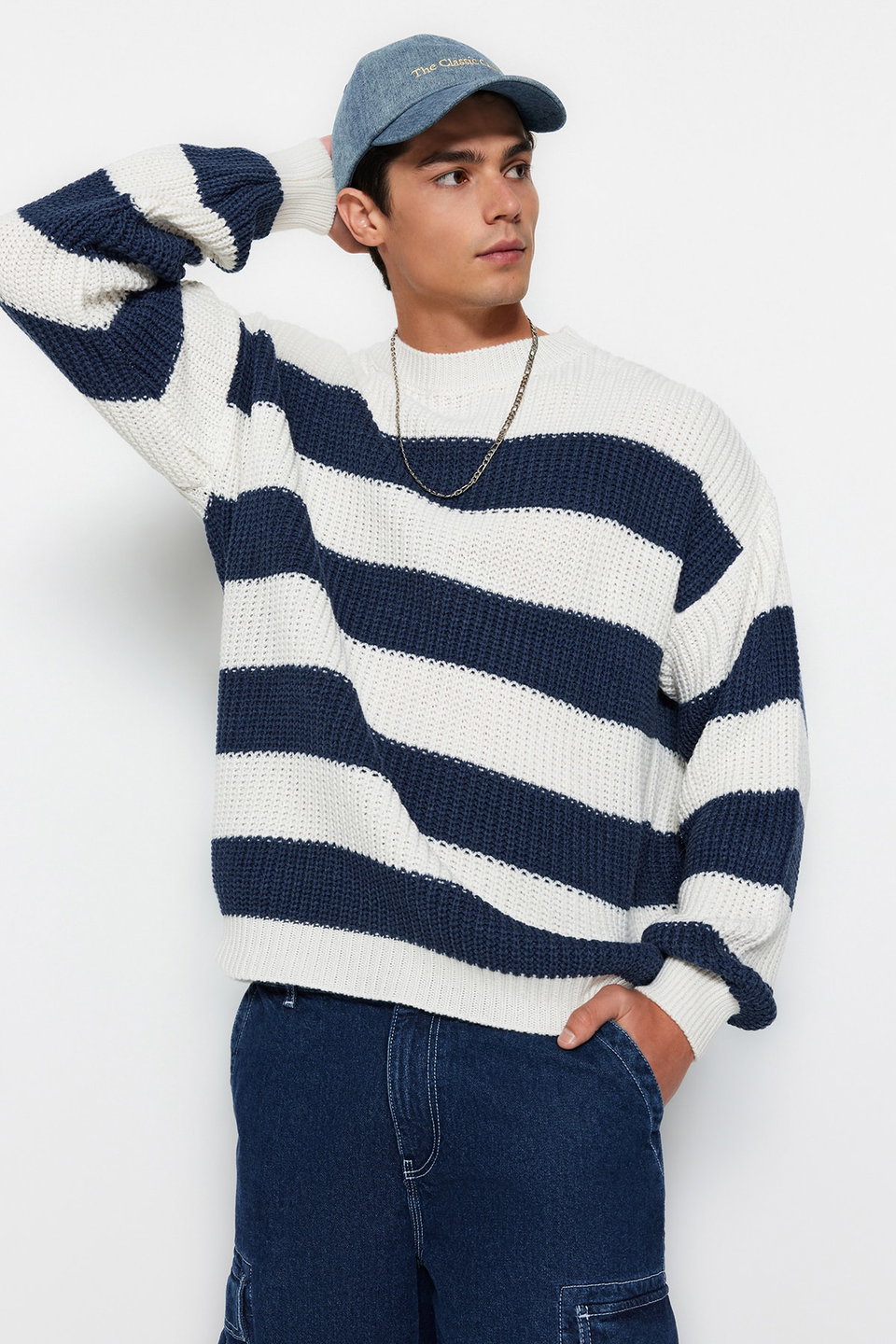 Camel Casual Oversize Fit Wide Pattern Crew Neck Striped Knitwear Sweater TMNAW23KZ00106