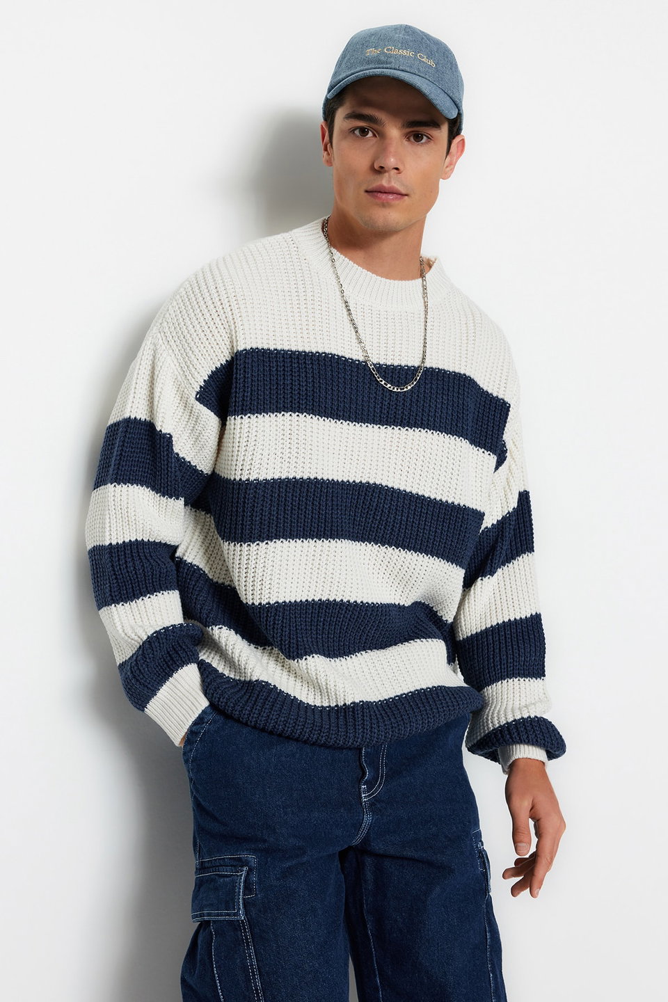 Camel Casual Oversize Fit Wide Pattern Crew Neck Striped Knitwear Sweater TMNAW23KZ00106