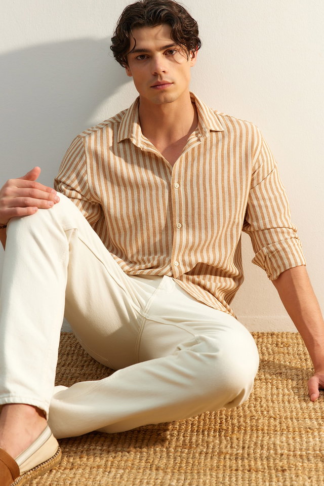 Stone - Premium Navy Blue Regular Fit Striped Textured Linen Look Shirt TMNSS23GO00062