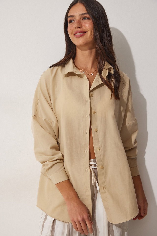 Dark Cream - Women's Light Green Oversize Long Basic Shirt DD00842