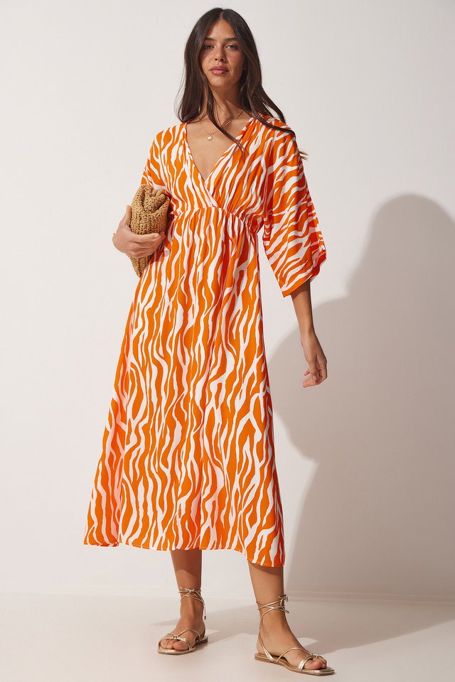orange - Women's Orange Deep V Neck Summer Long Viscose Dress CI00081