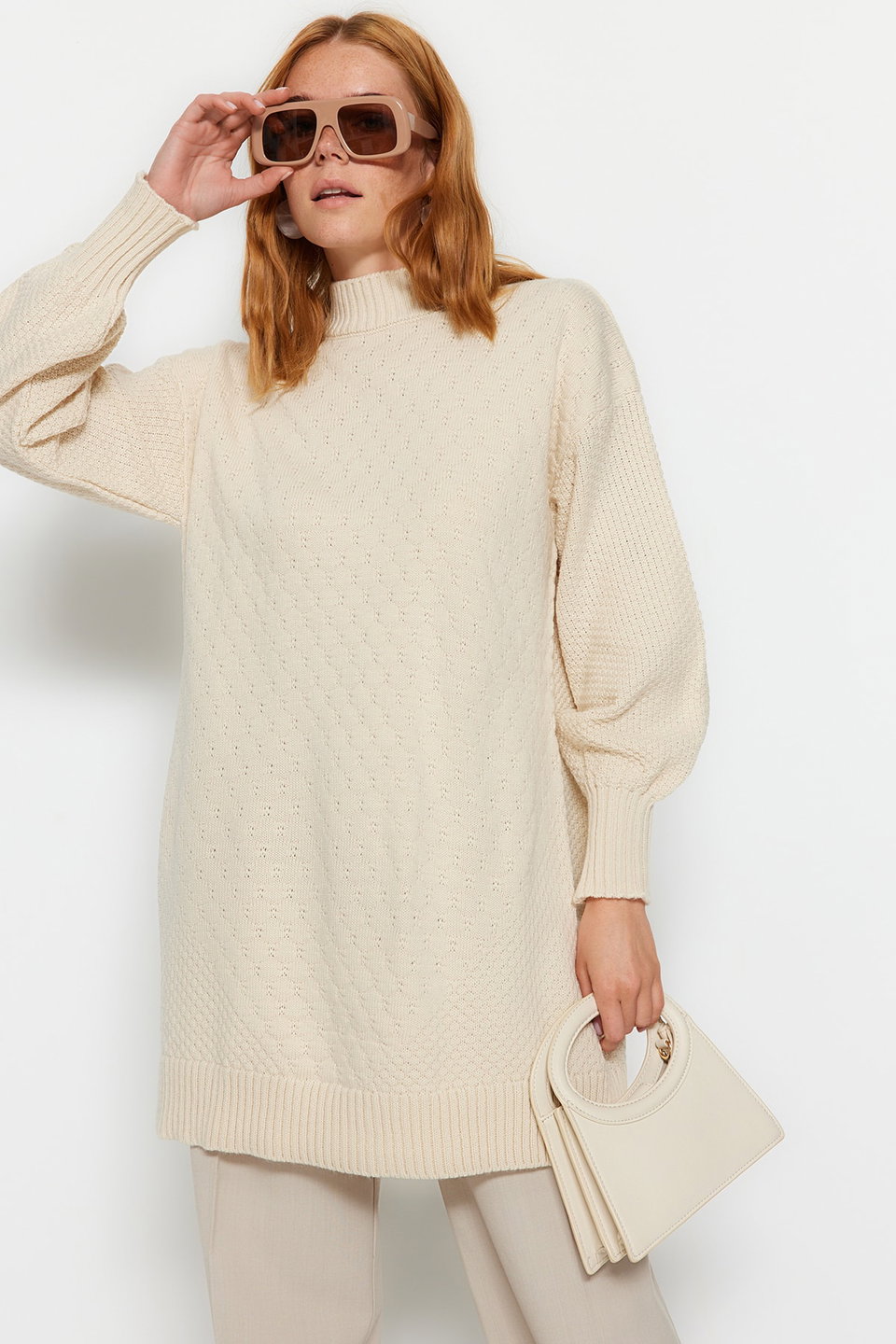 High Collar Honeycomb Pattern Knitted Knitwear Sweater TCTAW24AK00020