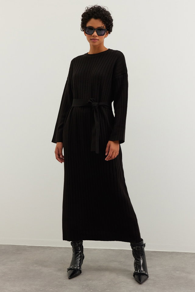 Black - Anthracite Belted Rib Knit Dress TCTAW24EB0000