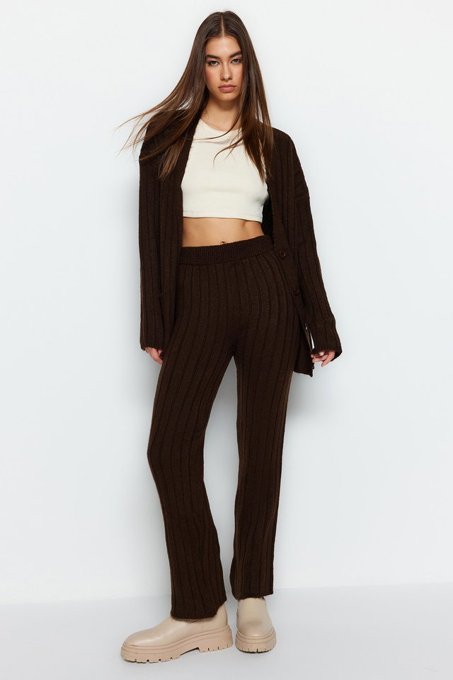 Brown - Anthracite Wide Fit Soft Textured Knitwear Bottom-Top Set TWOAW22AU0128
