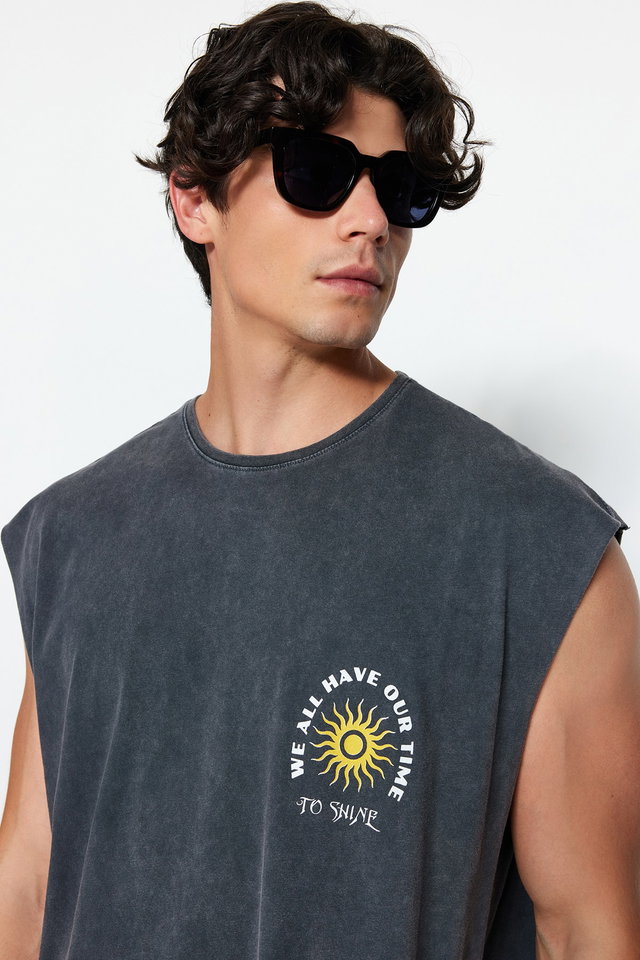 Anthracite - Anthracite Oversize / Wide Cut Faded Effect Text Print 100% Cotton T-Shirt / Tank Top TMNSS23AL00009