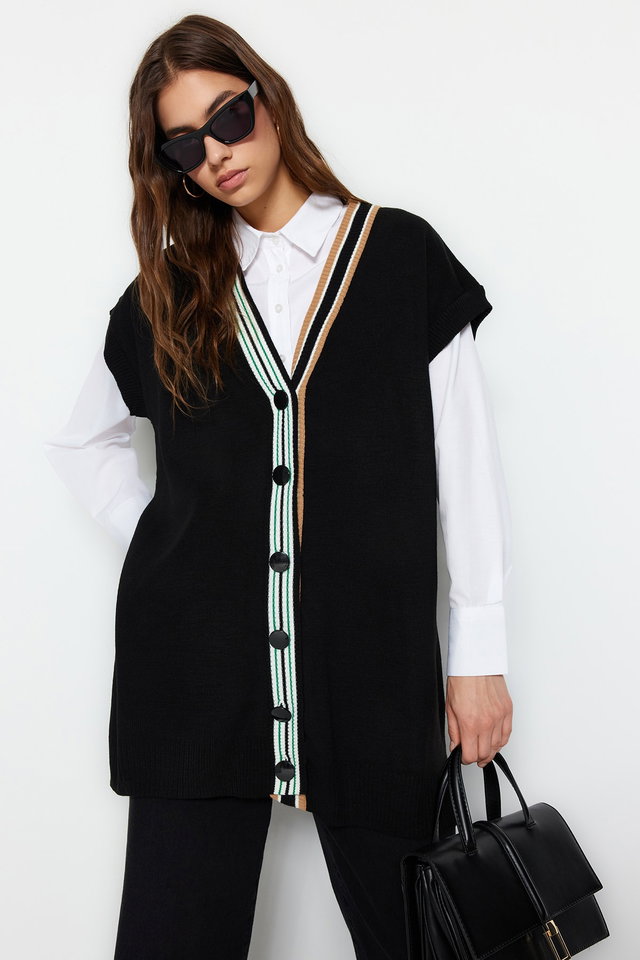 Black - Black Collar Striped Detailed Knitwear Sweater TCTAW22UV0002