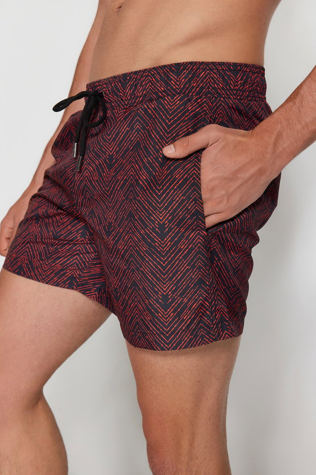Black - Black-Orange Standard Size Geometric Swimsuit Swim Shorts TMNSS22DS0011