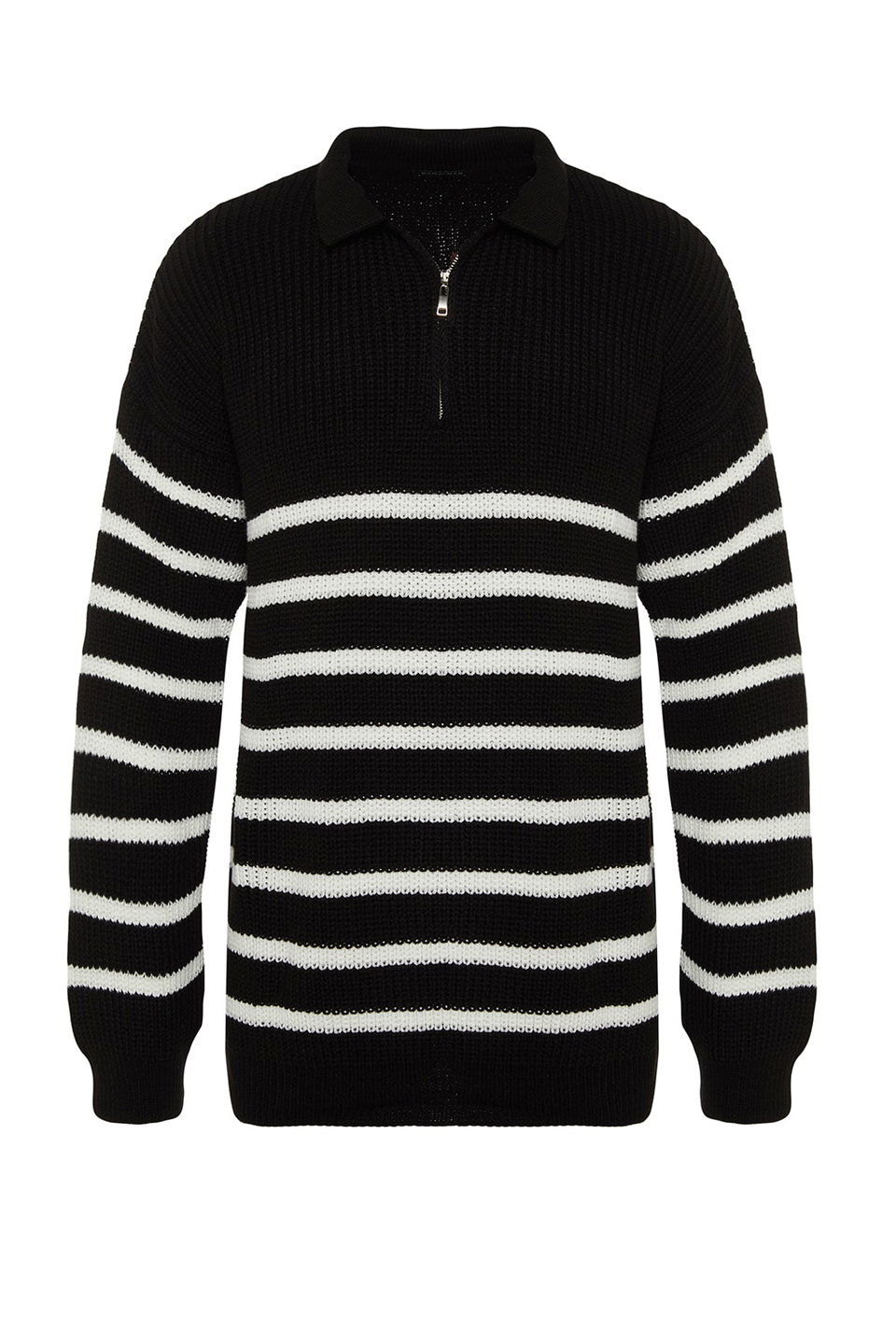 Casual Oversize Fit Wide Pattern Polo Collar Striped Knitwear Sweater TMNAW24KZ00018