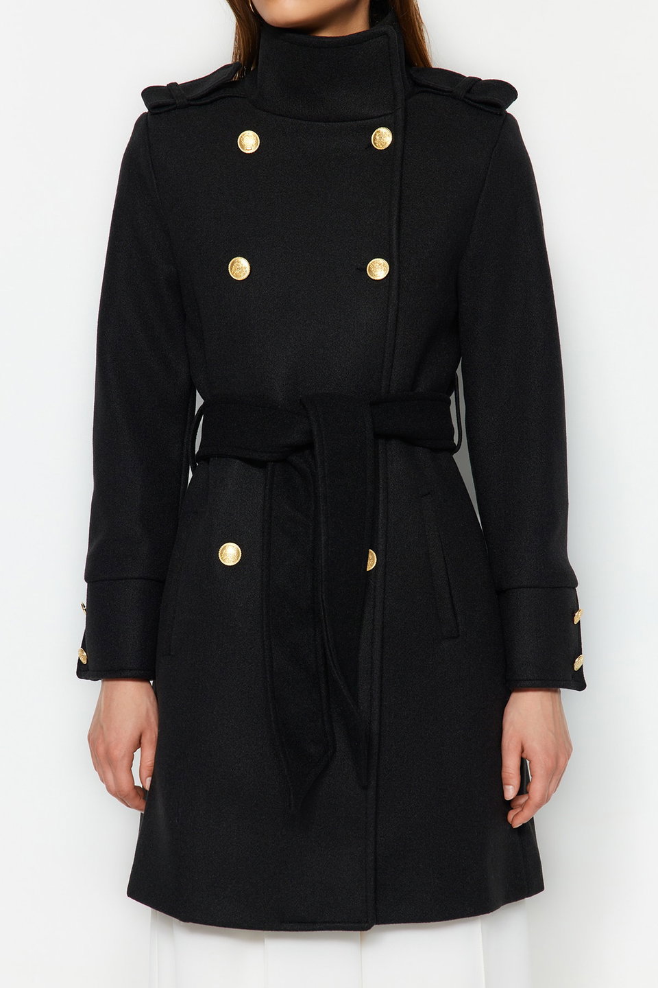Camel Belted Button Detailed Soft Texture Cashmere Coat TWOAW24KB00006