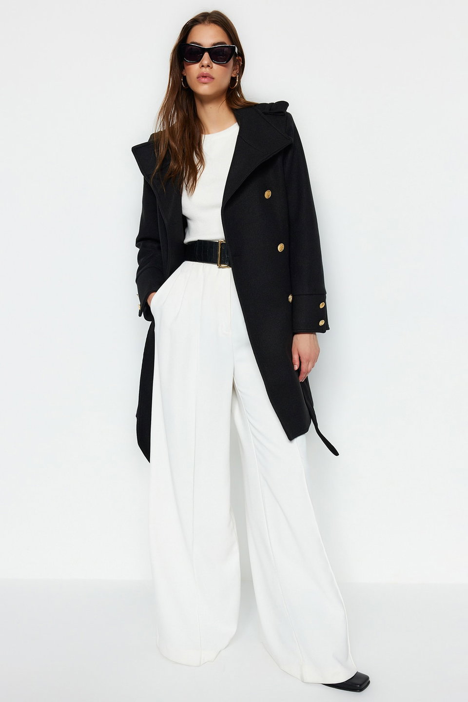 Camel Belted Button Detailed Soft Texture Cashmere Coat TWOAW24KB00006