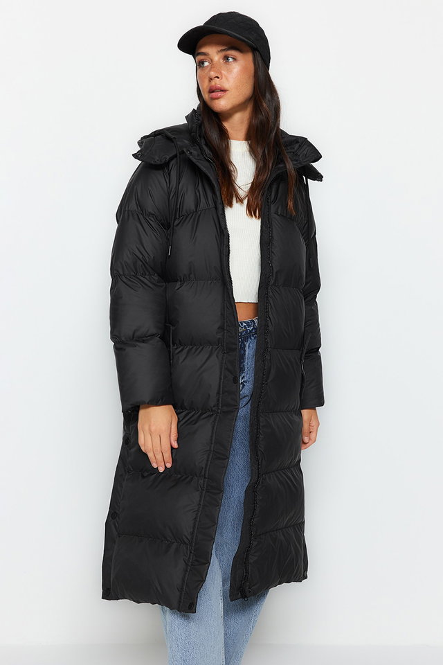 Black - Black Regular Fit Hooded Side Snap Detail Water Repellent Long Puffer Jacket TWOAW24MO00104