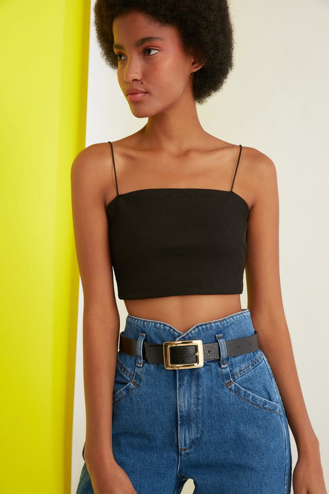 Black - Black Croco Buckle Leather Look Women's Belt TWOSS21KE0079