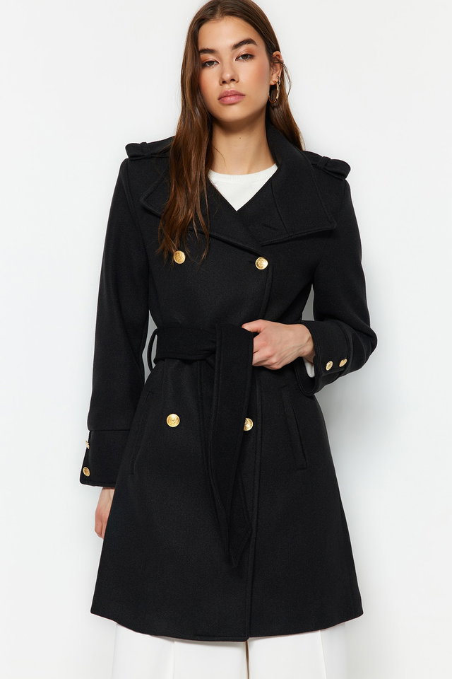 Black - Camel Belted Gold Button Detailed Soft Texture Cashmere Coat TWOAW24KB00006