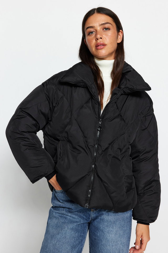 Black - Grey Oversize Molded Water Repellent Puffer Quilted Coat TWOAW24MO00146