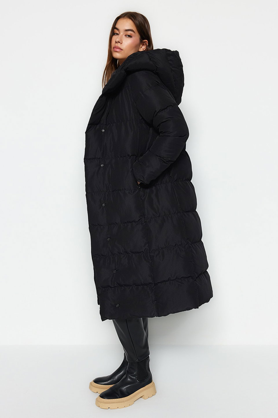 Regular Fit Side Snap Closure Water Repellent Long Inflatable Coat Twoaw24Mo00044