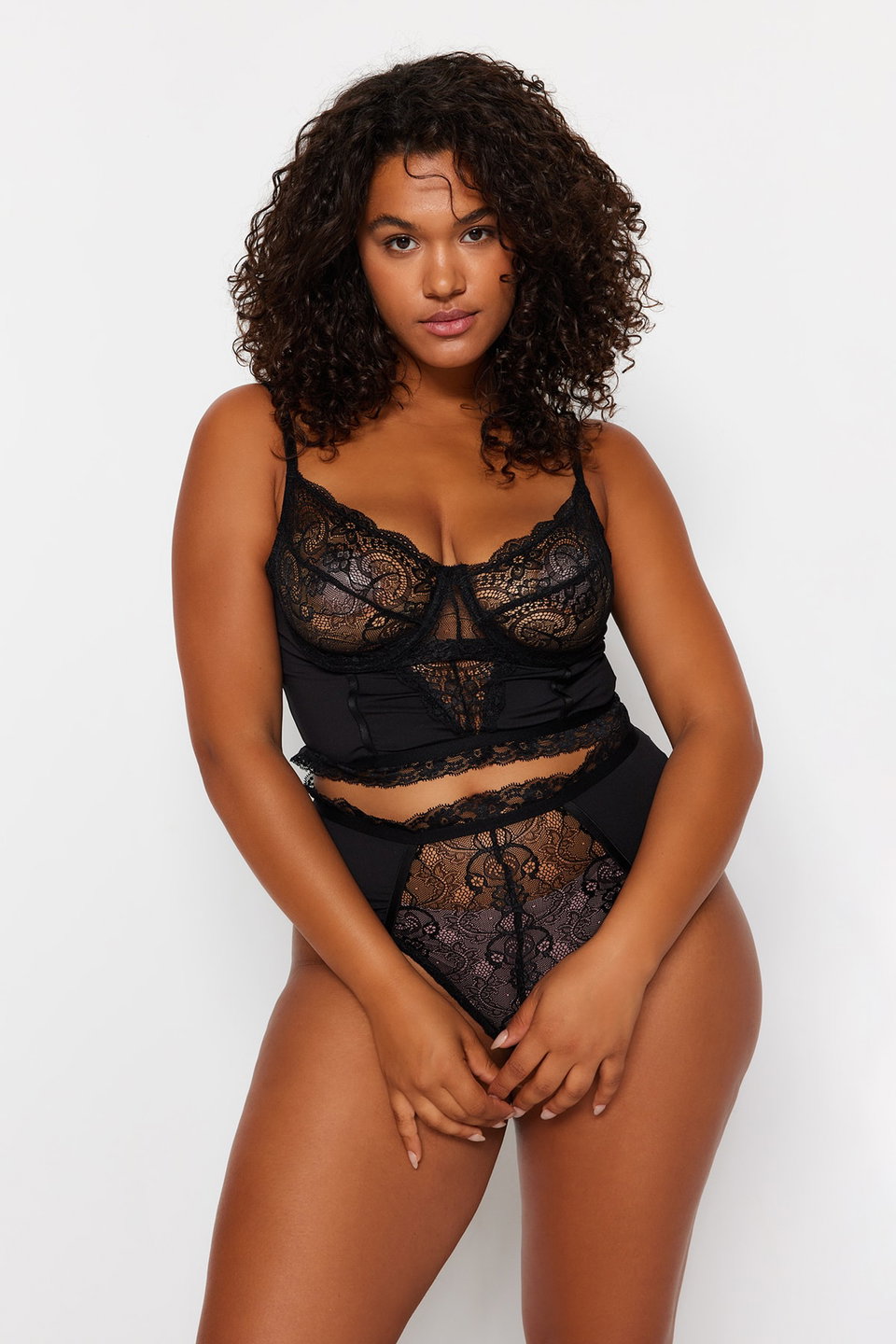 Lace Detailed Stretchy Knitted Bustier-Panty Lingerie Sets Tbbss23Dg00000