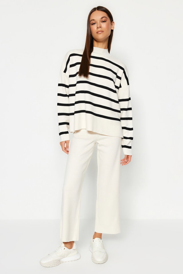 ecru - Ecru Striped Knitwear Trousers Bottom-Top Set TWOAW24AU00045