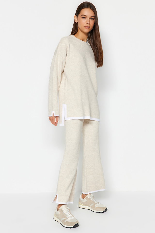 Beige - Black Wide Fit Contrast Color Knitwear Two Piece Set TWOAW24AU00062