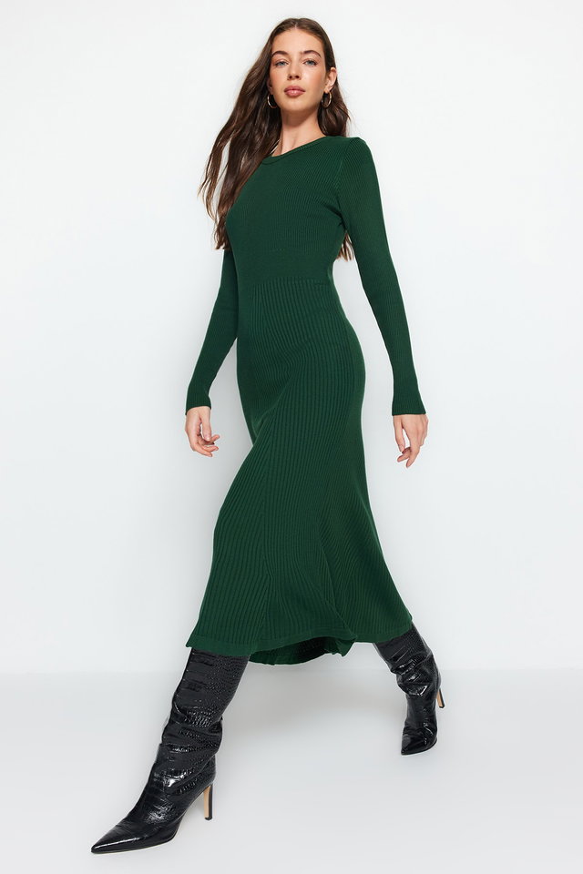 Emerald - Brown Midi Knitwear Crew Neck Dress TWOAW21EL0422