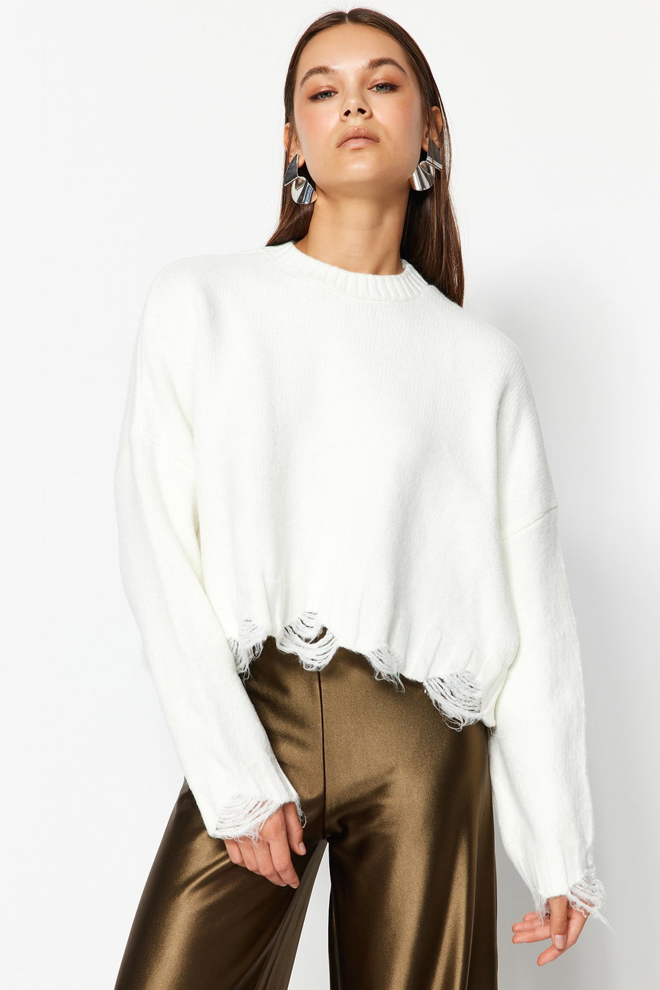 Crop Wide Pattern Soft Textured Draped Detail Knitwear Sweater TWOAW24KZ00319