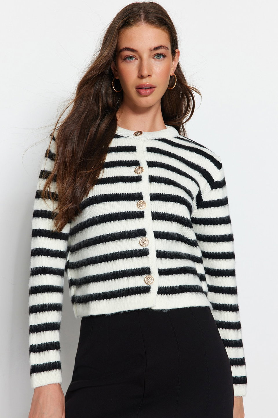 Camel Soft Texture Striped Jacket Look Knitwear Cardigan TWOAW24HI00040