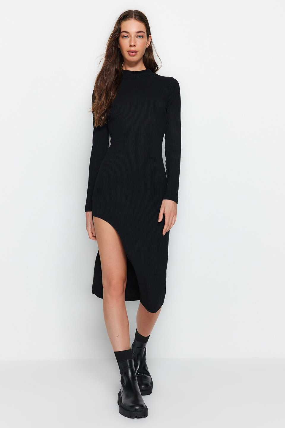 Ribbed Slit Detailed Fitted Midi Stretchy Knitted Dress TWOAW24EL00174