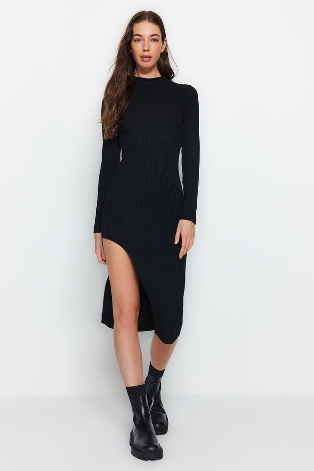 Black - Black Ribbed Deep Slit Detailed Fitted Midi Stretchy Knitted Dress TWOAW24EL00174