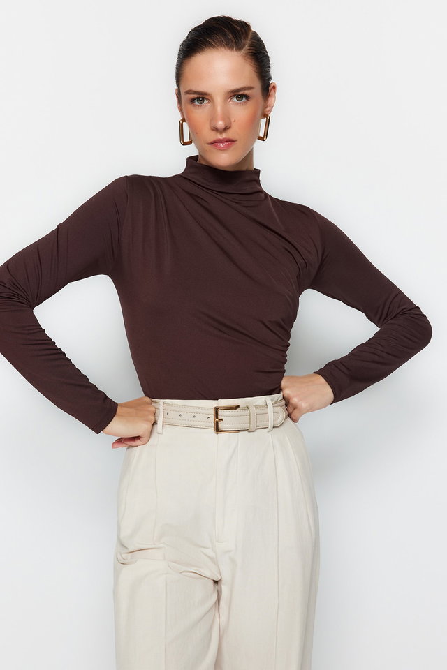 Brown - Black Drawstring Detailed Stand-Up Collar, Stretchy Knitted Bodysuit TWOAW24BD00014