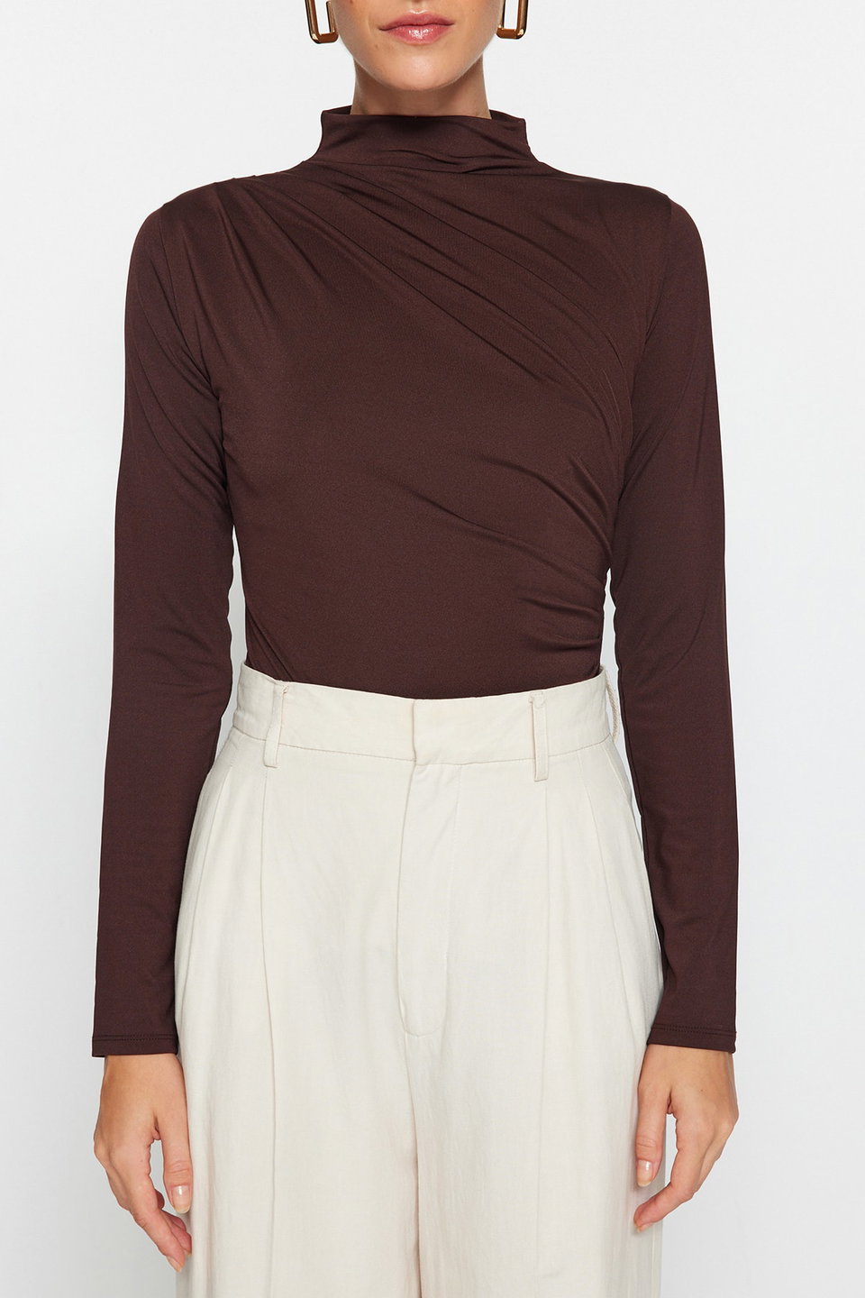 Drawstring Detailed Stand-Up Collar, Stretchy Knitted Bodysuit TWOAW24BD00014