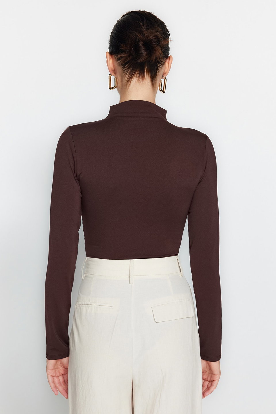 Drawstring Detailed Stand-Up Collar, Stretchy Knitted Bodysuit TWOAW24BD00014