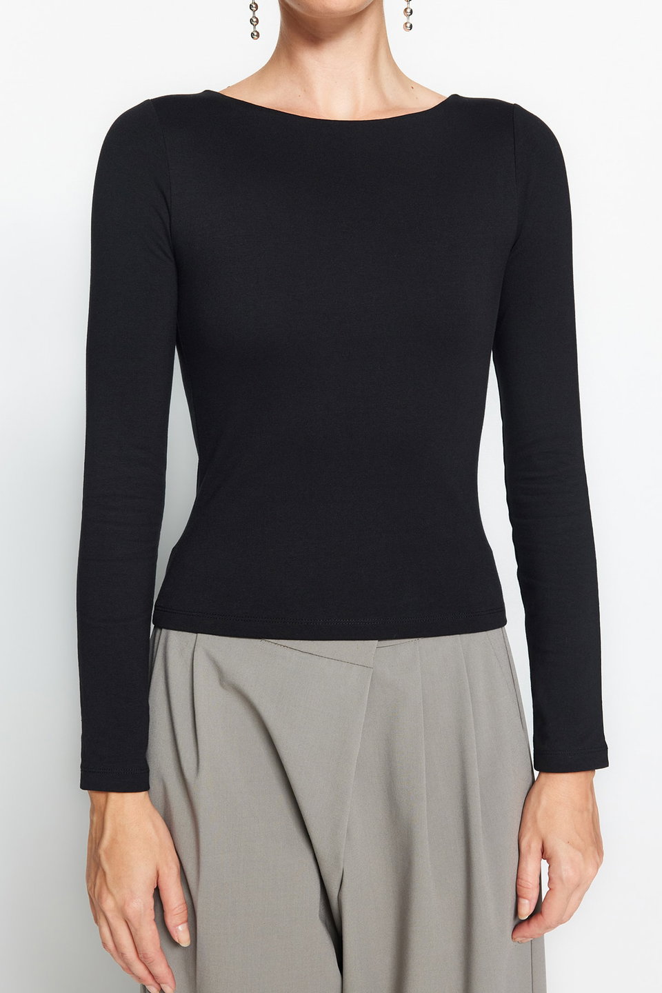 Cotton Stretchy Boat Neck Fitted Stretchy Knitted Blouse TWOAW24BZ00166