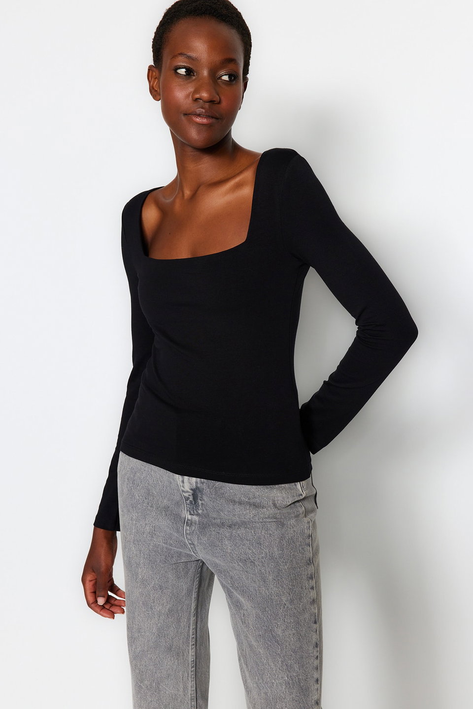 Cotton Stretchy Square Neck Fitted/Sleeping Knit Blouse TWOAW24BZ00016