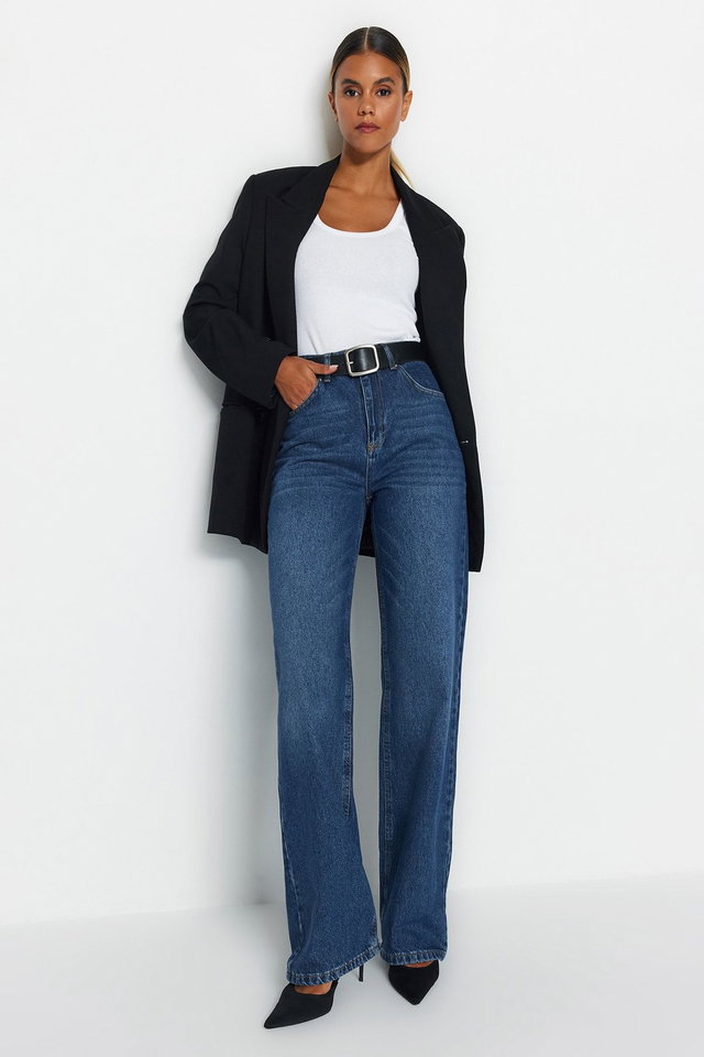 Dark blue - Dark Blue High Waist Wide Leg Wide Leg Jeans Twoaw24Je00074