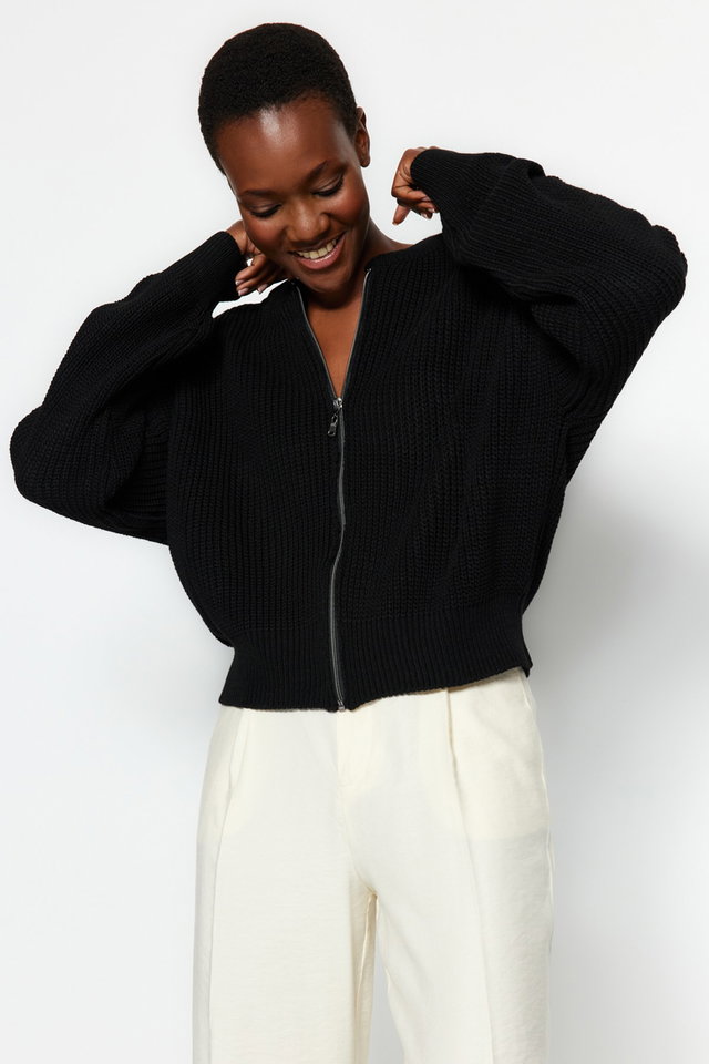 Black - Black Wide Pattern Bomber Collar Zippered Knitwear Cardigan TWOAW24HI00153