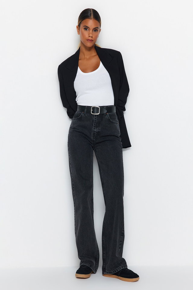 Anthracite - Anthracite High Waist Wide Leg Smoke Jeans TWOAW24JE00089