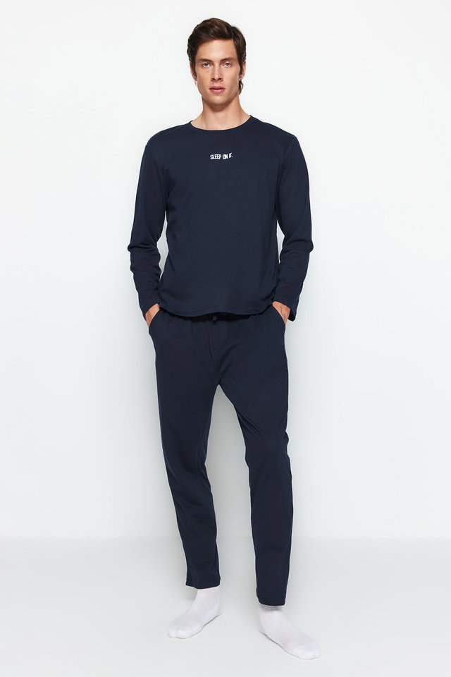 Navy blue - Khaki Printed Knitted Pajama Set TMNAW24PT00005