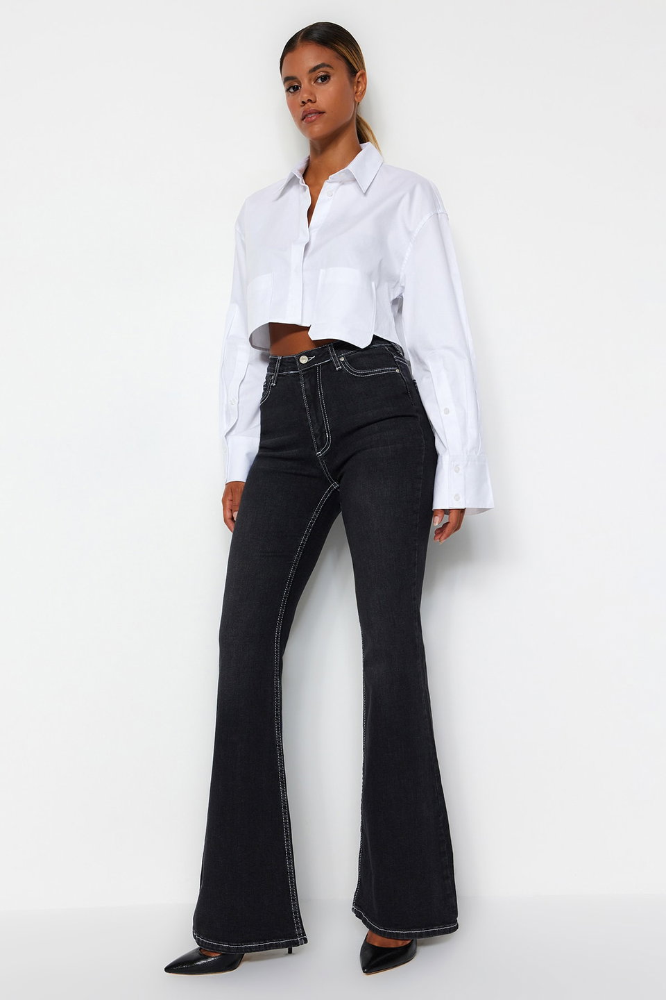 contrast stitched high waist comfort/flexible flare jeans twoss22je0460