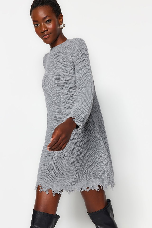 Grey - Gray Mini Knitwear Wide Patterned Plain Dress with Draping Detail TWOAW24EL00113