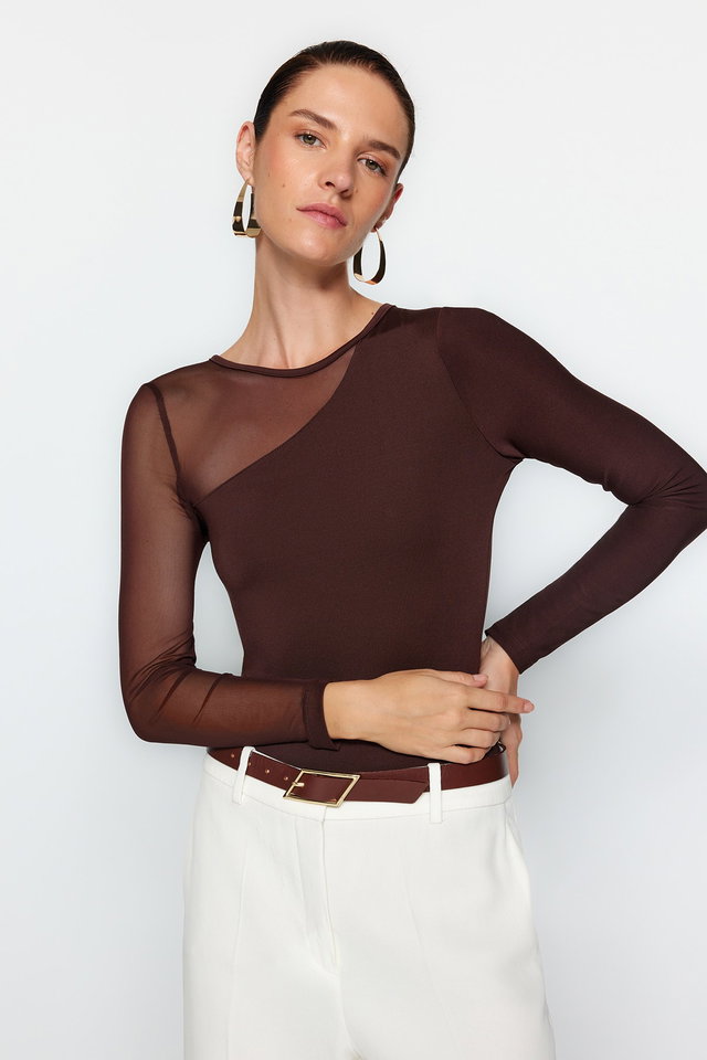 Brown - Brown Tulle Detailed Snap Snap Elastic Knitted Bodysuit TWOAW24BD00021