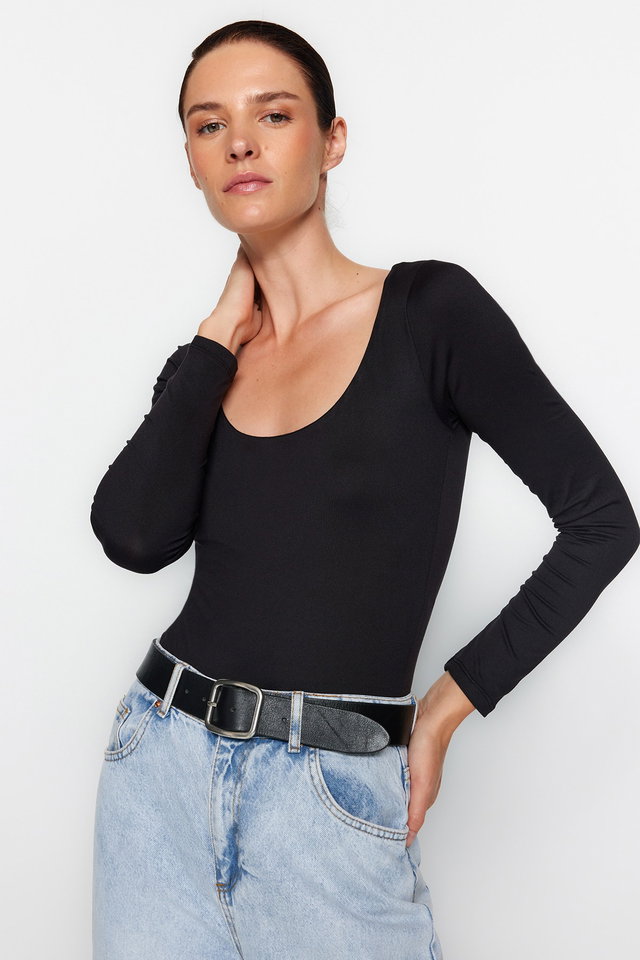 Black - Black Slim Snap Fastener Pool Collar Long Sleeve Soft Fabric Flexible Knitted Body TWOAW24BD00031