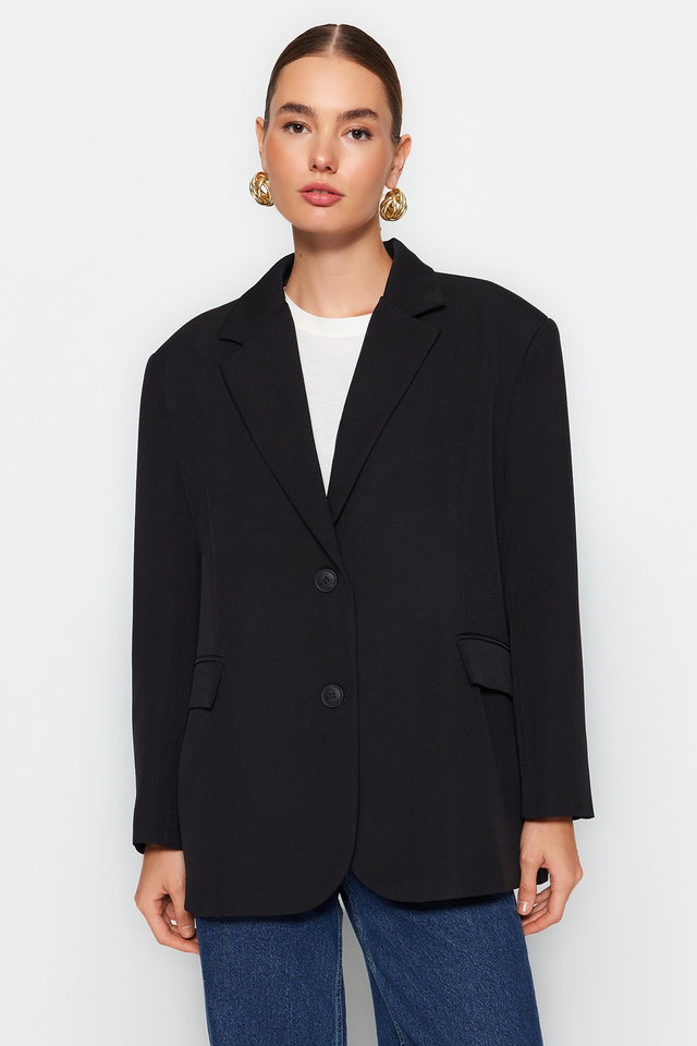 Black - Black Woven Extra Oversize Blazer Jacket TWOAW24BC00107
