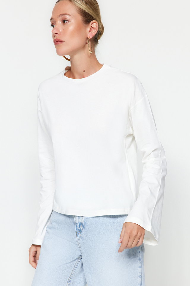 ecru - Ecru Premium Spanish Sleeve Crew Neck Regular/Normal Pattern Knitted T-Shirt TWOAW24TS00008