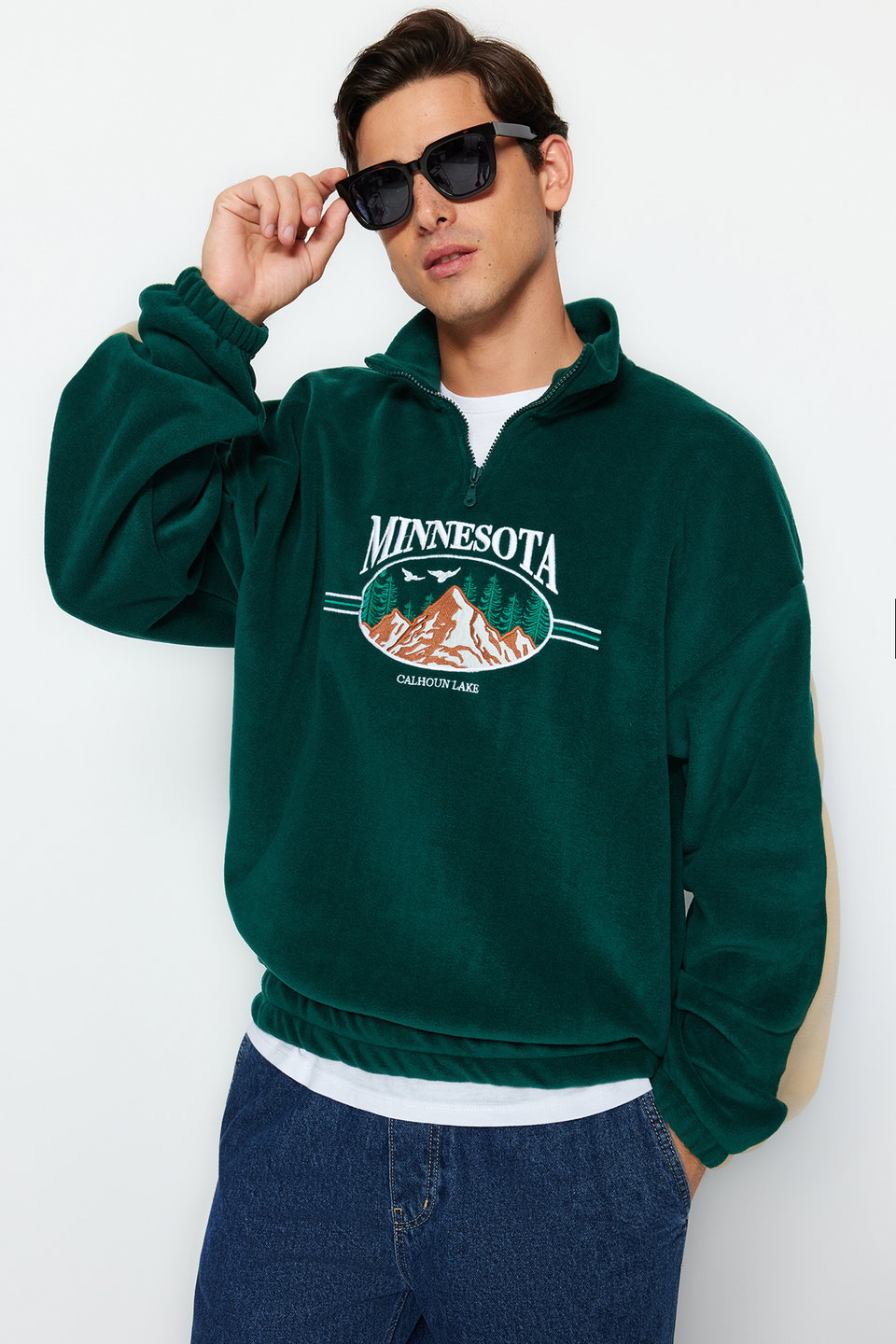 unisex oversize/wide cut stand-up collar anti-pilling fleece sweatshirt tmnaw24sw00034