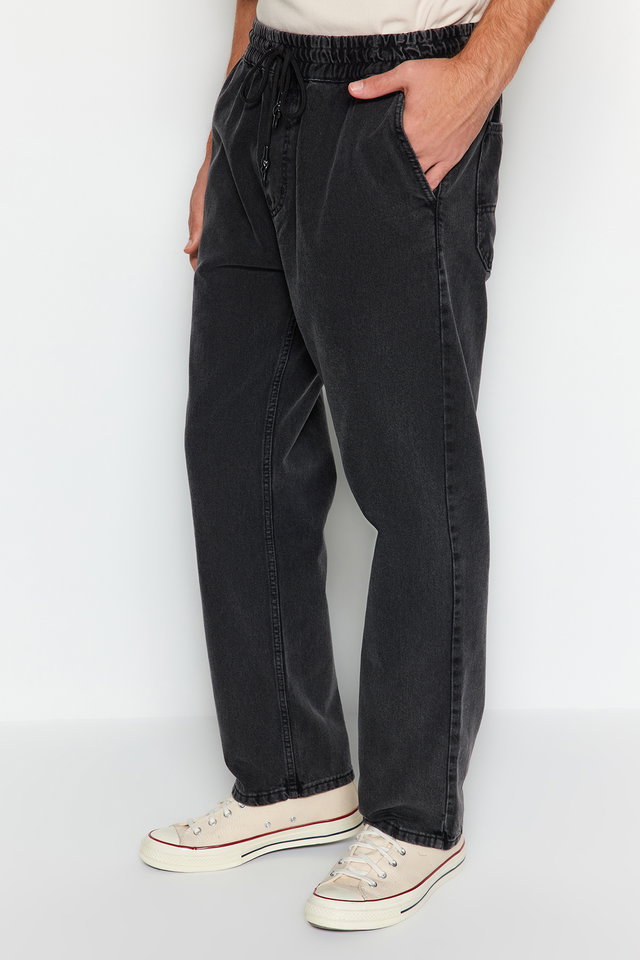 Black-1006 - Black 100% cotton regular fit elastic waist jeans loose denim pants tmnaw24je00025