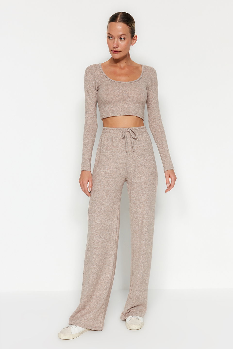 Soft Crop and Wide Leg Knitted Top and Bottom Set TWOAW23AU00125